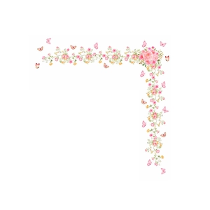 L-shaped floral wall sticker with pink roses and butterflies on a white background