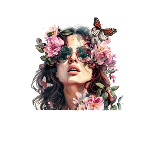 Sticker mural amovible en PVC représentant une femme à lunettes avec fleurs et papillons