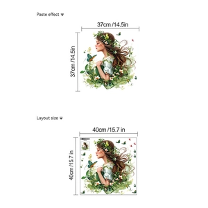 Sticker mural fille de forêt avec papillons et feuilles, décor PVC en 37x37cm