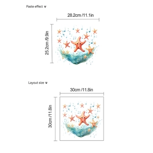 Cartoon starfish wall sticker for bathroom decor with size dimensions and layout info