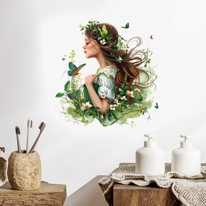Sticker Mural Amovible en PVC Fille de la Forêt Papillon Artistique Autocollant Plante Verte Décoration pour Maison