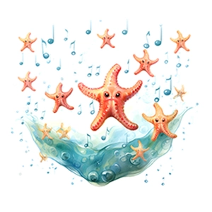 Cartoon starfish wall stickers with blue musical notes and waves for bathroom decor