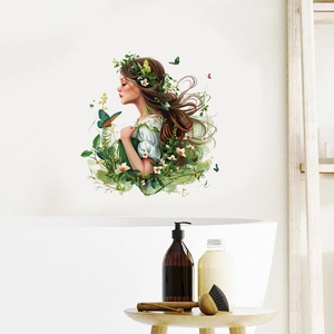 Sticker mural fille de la forêt avec plantes vertes et papillons pour salon moderne