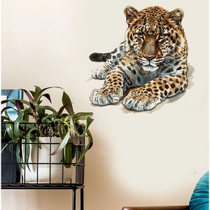 Realistic 3D leopard wall sticker with detailed fur texture on a beige living room wall