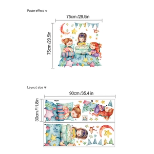 Cartoon three sisters wall sticker with moon and stars for warm kids room decor