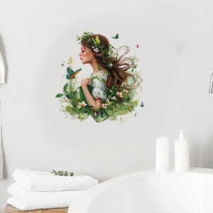 Sticker mural fille de la forêt avec fleurs et papillons dans une salle de bain moderne