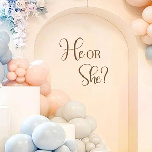 Detailed view of He or She gender reveal wall stickers with balloons and floral decor