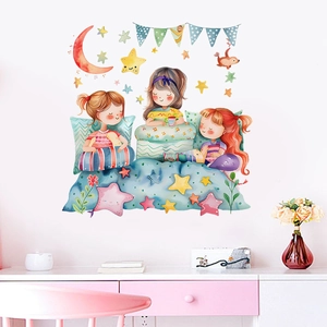 Cartoon Moon Star Three Little Girls Watercolor Wall Stickers Removable PVC Decals For Kids Nursery Bedroom Home Decoration