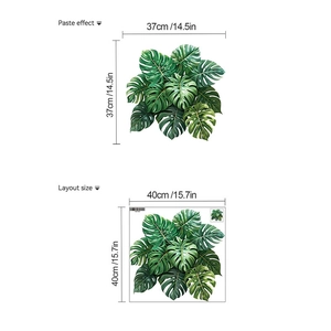 Detail showing Monstera wall sticker paste effect vs layout size dimensions in cm and inches