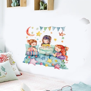 Cartoon star and moon wall stickers with three sisters for cozy bedroom decoration