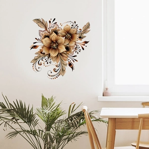 Detail of mandala flower wall sticker in brown and gold tones for living room decor