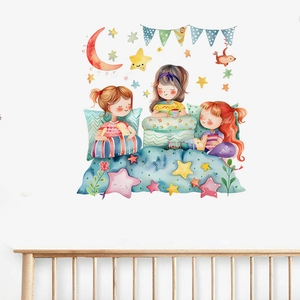 Cartoon three sisters wall sticker with stars and moon for cozy nursery room decor