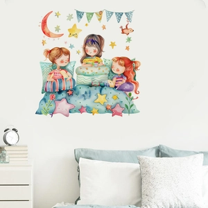 Detail of cartoon watercolor star and moon wall stickers showing three girls in bedroom decor