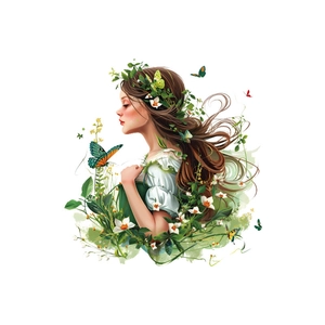 Sticker mural fille de forêt avec papillons et plantes vertes pour salon décor