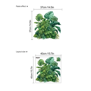 Detail of Monstera leaf wall sticker showing paste effect and layout size dimensions