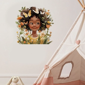 Cartoon girl wall sticker with butterflies and orange flowers for children's room decor