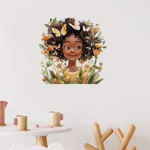 Cartoon girl wall sticker with butterflies and flowers for children room wall decoration