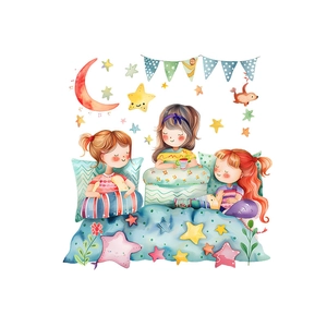 Cartoon moon and stars wall sticker featuring three sisters for cozy bedroom decoration