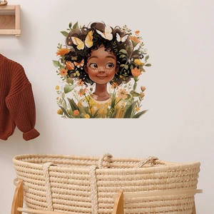 Cartoon girl wall sticker with orange flowers and butterflies in cozy kids room interior