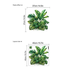 Detail view of tropical monstera leaf wall stickers with layout and paste effect dimensions