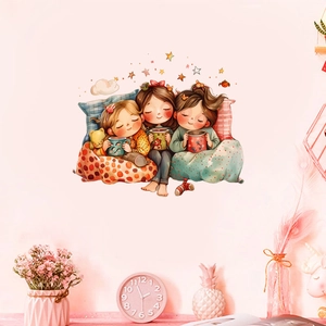 Three sisters cartoon wall sticker for cozy bedroom decor on light pink wall