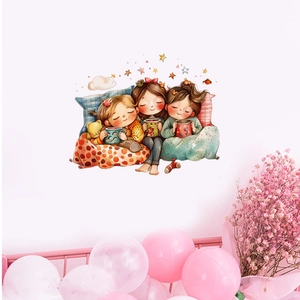 Three sisters sitting wall sticker featuring cozy hand-drawn illustration for home decor