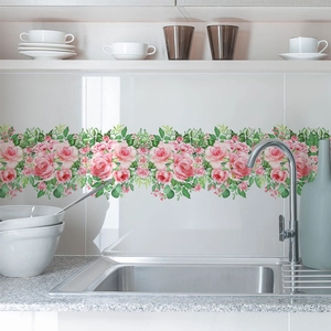 Sticker Mural à Rayures Fleur de Rose Rose PVC Imperméable Décor de Bordure Florale pour Chambre Salon Salle de Bain Mur