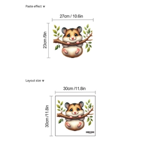 Detail of cute hamster on branch wall sticker showing paste effect and layout dimensions