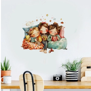 Detail of cozy cartoon three sisters wall sticker in soft colors on white wall
