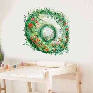 Floral vine wall sticker with green leaves and colorful flowers on white wall decor