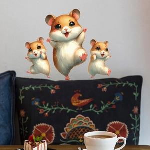 Detailed view of cute cartoon hamster wall stickers on a clean white living room wall