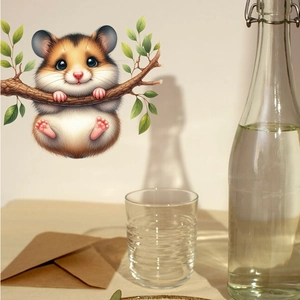 Cute cartoon hamster wall sticker with green leaves for cozy living room wall decoration