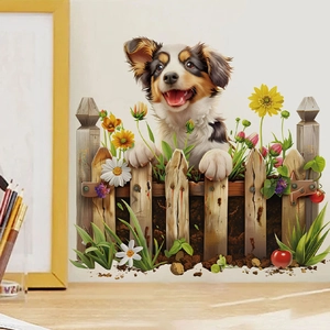 Dettaglio di un adesivo murale 3D con un cucciolo dietro una staccionata e dei girasoli