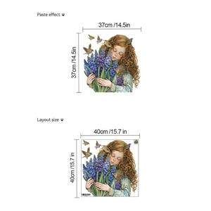 Sticker mural fille et lavande avec dimensions et aperçu du rendu pour décoration