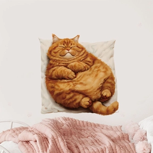 Chubby orange cat 3D printed square cushion on a soft pink knit blanket in a cozy room