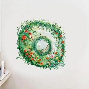 Self-adhesive floral wall sticker with green leaves and colorful flowers in round frame