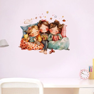 Detail view of cartoon girls resting on stars and clouds wall decal for bedroom