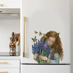 Sticker Mural en PVC Fille de Dessin Animé Avec Lavande et Oiseaux Décalcomanie Murale Auto-Adhésive pour Salon Chambre Maison