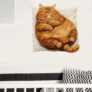 Detail of fat orange cat sticker sleeping on pillow for cozy bedroom wall decor