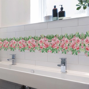 Bordure autocollante murale fleurs roses et feuilles vertes pour décorer le carrelage