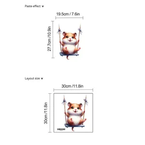 Size guide for cute cartoon hamster wall decal showing layout and applied dimensions