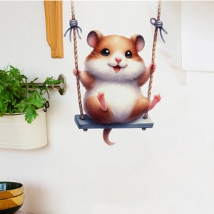 Detail of 3D mouse wall sticker showing a cute hamster on a swing with purple bows