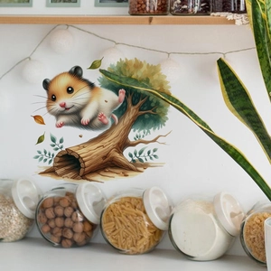 Detailed wall sticker showing a cute cartoon hamster jumping onto a tree stump on white wall