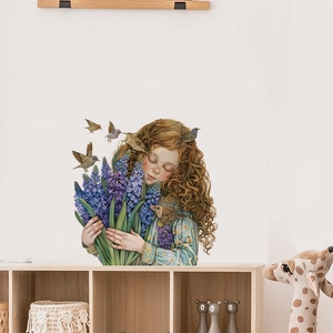 Sticker mural aquarelle fille avec lavande et oiseaux pour décoration de chambre