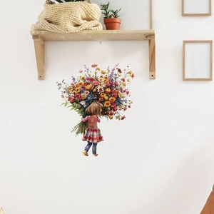 Cartoon Mädchen Mit Großem Blumenstrauß Wandaufkleber Abnehmbar PVC Selbstklebend Wandbild Für Wohnzimmer Schlafzimmer Deko