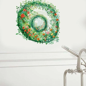 Vibrant floral spiral wall decal featuring green leaves and flowers over a white bathtub