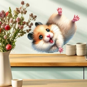 3D cartoon hamster wall sticker in a cozy kitchen setting for home decoration