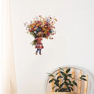 Wandsticker mit Cartoon-Mädchen und großem bunten Blumenstrauß für Wohnzimmerdeko