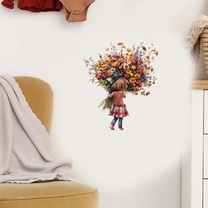 Detail von Wandaufkleber Mädchen mit Blumenstrauß in gemütlicher Wohnzimmer-Deko