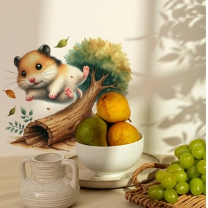 Cartoon hamster and tree wall sticker for living room with watercolor artistic style